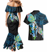 Hawaiian Couple Turtles Honi Couples Matching Mermaid Dress and Hawaiian Shirt Polynesian Art Motifs and Hibiscus Black Blue Color LT03 - Polynesian Pride