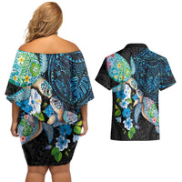 Hawaiian Couple Turtles Honi Couples Matching Off Shoulder Short Dress and Hawaiian Shirt Polynesian Art Motifs and Hibiscus Black Blue Color LT03 - Polynesian Pride