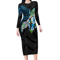Hawaiian Couple Turtles Honi Family Matching Long Sleeve Bodycon Dress and Hawaiian Shirt Polynesian Art Motifs and Hibiscus Black Blue Color LT03 Mom's Dress Black - Polynesian Pride