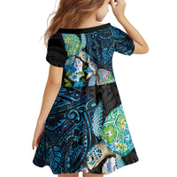 Hawaiian Couple Turtles Honi Family Matching Off Shoulder Short Dress and Hawaiian Shirt Polynesian Art Motifs and Hibiscus Black Blue Color LT03 - Polynesian Pride