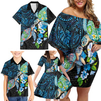 Hawaiian Couple Turtles Honi Family Matching Off Shoulder Short Dress and Hawaiian Shirt Polynesian Art Motifs and Hibiscus Black Blue Color LT03 - Polynesian Pride