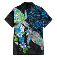 Hawaiian Couple Turtles Honi Family Matching Puletasi and Hawaiian Shirt Polynesian Art Motifs and Hibiscus Black Blue Color LT03 - Polynesian Pride