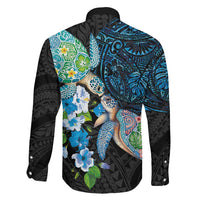Hawaiian Couple Turtles Honi Family Matching Short Sleeve Bodycon Dress and Hawaiian Shirt Polynesian Art Motifs and Hibiscus Black Blue Color LT03 - Polynesian Pride