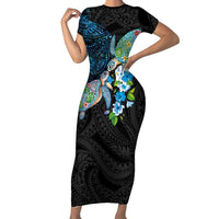 Hawaiian Couple Turtles Honi Family Matching Short Sleeve Bodycon Dress and Hawaiian Shirt Polynesian Art Motifs and Hibiscus Black Blue Color LT03 Mom's Dress Black - Polynesian Pride
