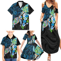 Hawaiian Couple Turtles Honi Family Matching Summer Maxi Dress and Hawaiian Shirt Polynesian Art Motifs and Hibiscus Black Blue Color LT03 - Polynesian Pride