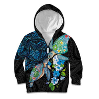 Hawaiian Couple Turtles Honi Kid Hoodie Polynesian Art Motifs and Hibiscus Black Blue Color - Polynesian Pride