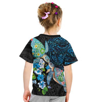 Hawaiian Couple Turtles Honi Kid T Shirt Polynesian Art Motifs and Hibiscus Black Blue Color LT03 - Polynesian Pride
