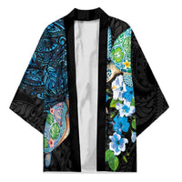Hawaiian Couple Turtles Honi Kimono Polynesian Art Motifs and Hibiscus Black Blue Color LT03 Unisex Black - Polynesian Pride