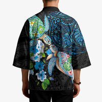 Hawaiian Couple Turtles Honi Kimono Polynesian Art Motifs and Hibiscus Black Blue Color LT03 - Polynesian Pride