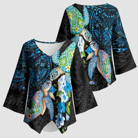 Hawaiian Couple Turtles Honi Kimono Sleeve Blouse Polynesian Art Motifs and Hibiscus Black Blue Color LT03 - Polynesian Pride