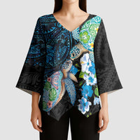 Hawaiian Couple Turtles Honi Kimono Sleeve Blouse Polynesian Art Motifs and Hibiscus Black Blue Color LT03 - Polynesian Pride
