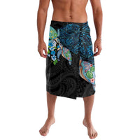 Hawaiian Couple Turtles Honi Lavalava Polynesian Art Motifs and Hibiscus Black Blue Color LT03 Black - Polynesian Pride