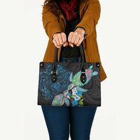Hawaiian Couple Turtles Honi Leather Bag Polynesian Art Motifs and Hibiscus Black Blue Color LT03 - Polynesian Pride