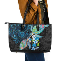 Hawaiian Couple Turtles Honi Leather Tote Bag Polynesian Art Motifs and Hibiscus Black Blue Color LT03 - Polynesian Pride