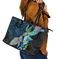 Hawaiian Couple Turtles Honi Leather Tote Bag Polynesian Art Motifs and Hibiscus Black Blue Color LT03 - Polynesian Pride
