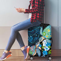 Hawaiian Couple Turtles Honi Luggage Cover Polynesian Art Motifs and Hibiscus Black Blue Color LT03 - Polynesian Pride