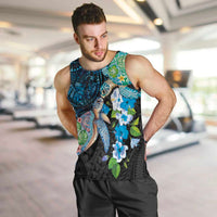 Hawaiian Couple Turtles Honi Men Tank Top Polynesian Art Motifs and Hibiscus Black Blue Color LT03 Black - Polynesian Pride