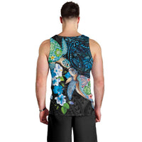 Hawaiian Couple Turtles Honi Men Tank Top Polynesian Art Motifs and Hibiscus Black Blue Color LT03 - Polynesian Pride