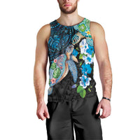 Hawaiian Couple Turtles Honi Men Tank Top Polynesian Art Motifs and Hibiscus Black Blue Color LT03 - Polynesian Pride