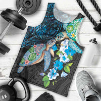 Hawaiian Couple Turtles Honi Men Tank Top Polynesian Art Motifs and Hibiscus Black Blue Color LT03 - Polynesian Pride