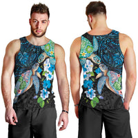Hawaiian Couple Turtles Honi Men Tank Top Polynesian Art Motifs and Hibiscus Black Blue Color LT03 - Polynesian Pride