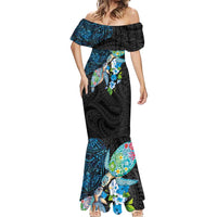 Hawaiian Couple Turtles Honi Mermaid Dress Polynesian Art Motifs and Hibiscus Black Blue Color LT03 - Polynesian Pride