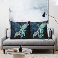 Hawaiian Couple Turtles Honi Pillow Cover Polynesian Art Motifs and Hibiscus Black Blue Color LT03 - Polynesian Pride