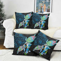 Hawaiian Couple Turtles Honi Pillow Cover Polynesian Art Motifs and Hibiscus Black Blue Color LT03 - Polynesian Pride