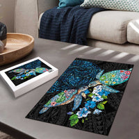 Hawaiian Couple Turtles Honi Puzzle Polynesian Art Motifs and Hibiscus Black Blue Color LT03 - Polynesian Pride