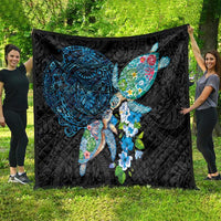 Hawaiian Couple Turtles Honi Quilt Polynesian Art Motifs and Hibiscus Black Blue Color LT03 - Polynesian Pride
