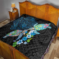 Hawaiian Couple Turtles Honi Quilt Polynesian Art Motifs and Hibiscus Black Blue Color LT03 - Polynesian Pride