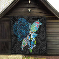 Hawaiian Couple Turtles Honi Quilt Polynesian Art Motifs and Hibiscus Black Blue Color LT03 - Polynesian Pride
