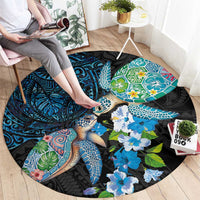 Hawaiian Couple Turtles Honi Round Carpet Polynesian Art Motifs and Hibiscus Black Blue Color LT03 - Polynesian Pride