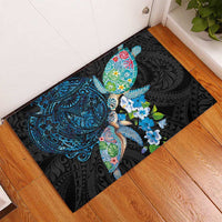 Hawaiian Couple Turtles Honi Rubber Doormat Polynesian Art Motifs and Hibiscus Black Blue Color LT03 - Polynesian Pride