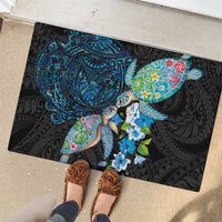 Hawaiian Couple Turtles Honi Rubber Doormat Polynesian Art Motifs and Hibiscus Black Blue Color LT03 - Polynesian Pride