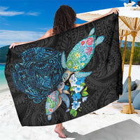 Hawaiian Couple Turtles Honi Sarong Polynesian Art Motifs and Hibiscus Black Blue Color LT03 One Size 44 x 66 inches Black - Polynesian Pride