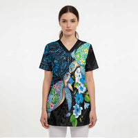 Hawaiian Couple Turtles Honi Scrub Top Polynesian Art Motifs and Hibiscus Black Blue Color LT03 - Polynesian Pride