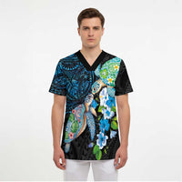 Hawaiian Couple Turtles Honi Scrub Top Polynesian Art Motifs and Hibiscus Black Blue Color LT03 - Polynesian Pride
