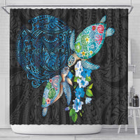 Hawaiian Couple Turtles Honi Shower Curtain Polynesian Art Motifs and Hibiscus Black Blue Color LT03 - Polynesian Pride