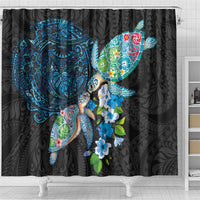 Hawaiian Couple Turtles Honi Shower Curtain Polynesian Art Motifs and Hibiscus Black Blue Color LT03 - Polynesian Pride
