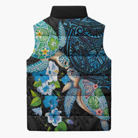 Hawaiian Couple Turtles Honi Sleeveless Puffer Jacket Polynesian Art Motifs and Hibiscus Black Blue Color LT03 - Polynesian Pride