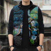 Hawaiian Couple Turtles Honi Sleeveless Puffer Jacket Polynesian Art Motifs and Hibiscus Black Blue Color LT03 - Polynesian Pride