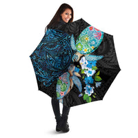 Hawaiian Couple Turtles Honi Umbrella Polynesian Art Motifs and Hibiscus Black Blue Color LT03 - Polynesian Pride