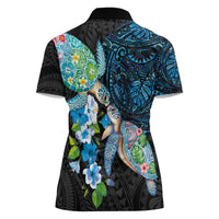 Hawaiian Couple Turtles Honi Women Polo Shirt Polynesian Art Motifs and Hibiscus Black Blue Color LT03 - Polynesian Pride