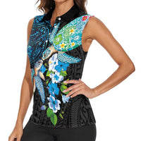 Hawaiian Couple Turtles Honi Women Sleeveless Polo Shirt Polynesian Art Motifs and Hibiscus Black Blue Color LT03 - Polynesian Pride