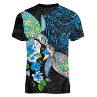Hawaiian Couple Turtles Honi Women V-Neck T-Shirt Polynesian Art Motifs and Hibiscus Black Blue Color LT03 - Polynesian Pride