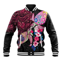 Hawaiian Couple Turtles Honi Baseball Jacket Polynesian Art Motifs and Hibiscus Black Red Color LT03 Unisex Black - Polynesian Pride