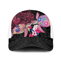 Hawaiian Couple Turtles Honi Baseball Net Cap Polynesian Art Motifs and Hibiscus Black Red Color LT03 One Size White Black - Polynesian Pride