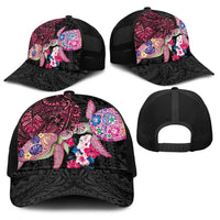 Hawaiian Couple Turtles Honi Baseball Net Cap Polynesian Art Motifs and Hibiscus Black Red Color LT03 - Polynesian Pride