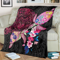 Hawaiian Couple Turtles Honi Blanket Polynesian Art Motifs and Hibiscus Black Red Color LT03 - Polynesian Pride